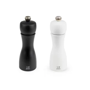 Tahiti Duo de moulins à poivre et à sel manuels en bois couleur noir et blanc 15 cm